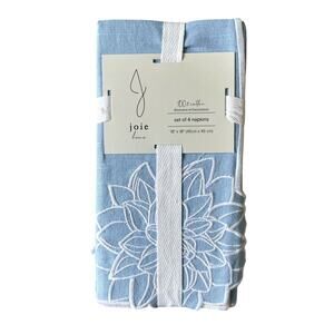 J JOIE Embroidered Flower Napkins 18x18 Pastel Blue & White Cotton Set of 4 NEW